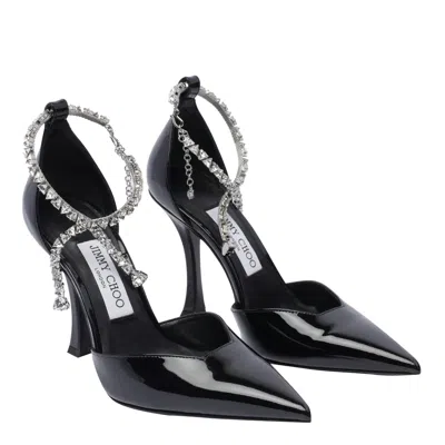 Jimmy Choo Stevie 100 Patent Leather Sandal With Crystal Anklet In Black