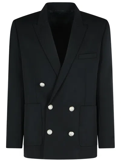 Balmain Double-breasted Grain De Poudre Wool Blazer In Black