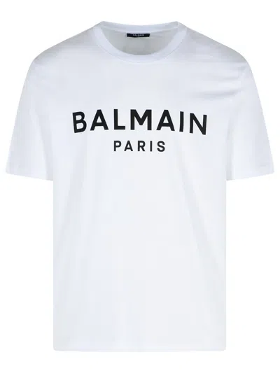 Balmain White Crewneck T-shirt With Contrasting Logo Lettering Print In Cotton In White