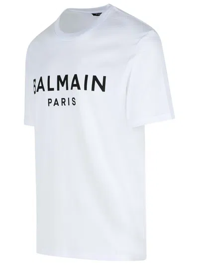 Balmain White Crewneck T-shirt With Contrasting Logo Lettering Print In Cotton In White