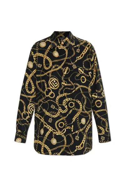 Balmain Shirt Chain Print Gold Buttons In Black