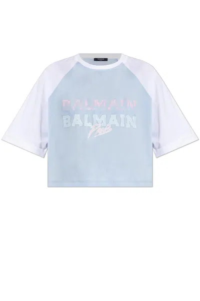 Balmain Paris Print Crew Neck Cropped T-shirt In Blue