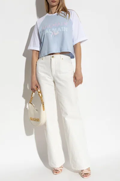 Balmain Paris Print Crew Neck Cropped T-shirt In Blue