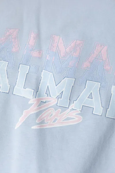 Balmain Paris Print Crew Neck Cropped T-shirt In Blue