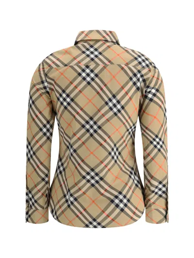 Burberry Women Beige Shirt With Classic Collar And All-over Check Motif In Cotton Woman In Brown