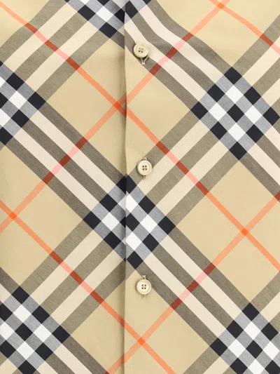 Burberry Women Beige Shirt With Classic Collar And All-over Check Motif In Cotton Woman In Brown