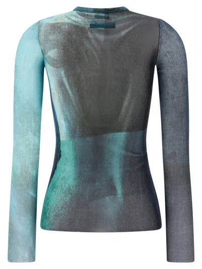 Jean Paul Gaultier Crew Neck Sheer Abstract Print Top In Blue