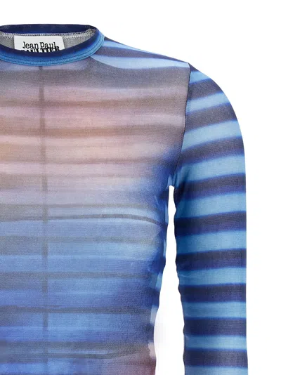 Jean Paul Gaultier Air Print Striped Mesh Crew Neck Top In Multi