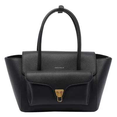 Coccinelle Double Beat Leather Tote Bag In Black