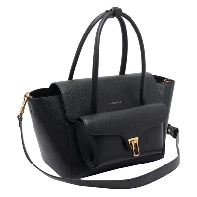 Coccinelle Double Beat Leather Tote Bag In Black