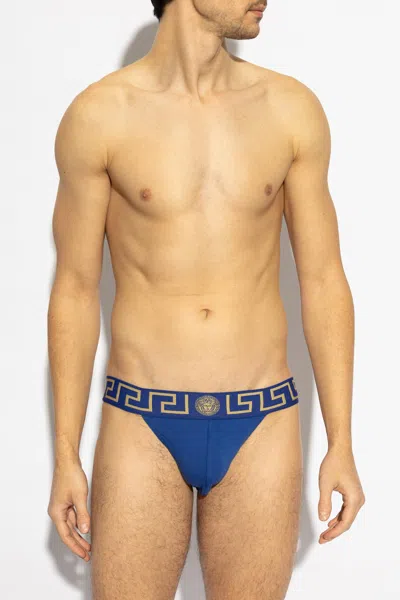 Versace Suspender With Greca Border In Blue