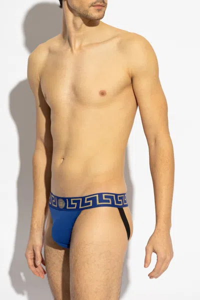 Versace Suspender With Greca Border In Blue