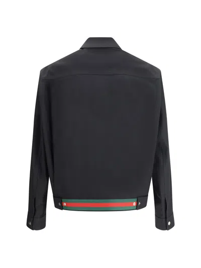 Gucci Men Black Jacket With Classic Collar And Web Motif On The Waist In Cotton Man In Black