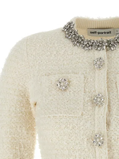 Self-portrait White Crewneck Cropped Cardigan With Crystal Embellishments On The Collar In Cotton Blend Woman In White