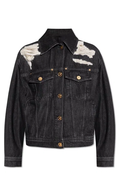 Versace Denim Jacket Distressed Front Pockets In Black