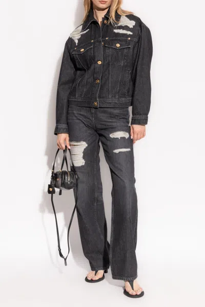 Versace Denim Jacket Distressed Front Pockets In Black