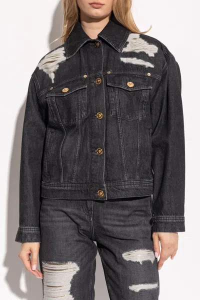 Versace Denim Jacket Distressed Front Pockets In Black