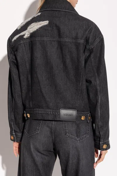 Versace Denim Jacket Distressed Front Pockets In Black