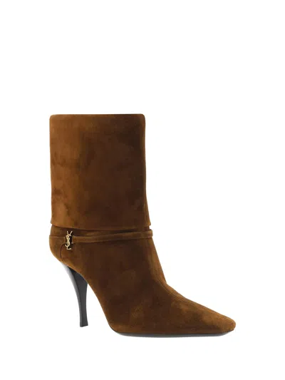 Saint Laurent Niki Suede Ysl Stiletto Ankle Booties In Brown