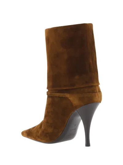 Saint Laurent Niki Suede Ysl Stiletto Ankle Booties In Brown