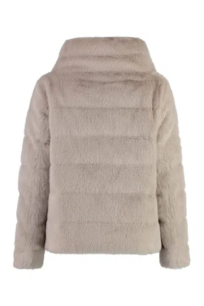 Herno Cropped Beige Coat With Horizontal Quilted Pattern And High Collar In White