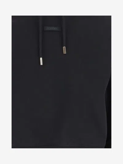 Jacquemus Le Hoodie Gros Grain Black Cropped Hoodie With Drawstring Hood And Logo Patch On The Front In Cotton In Black