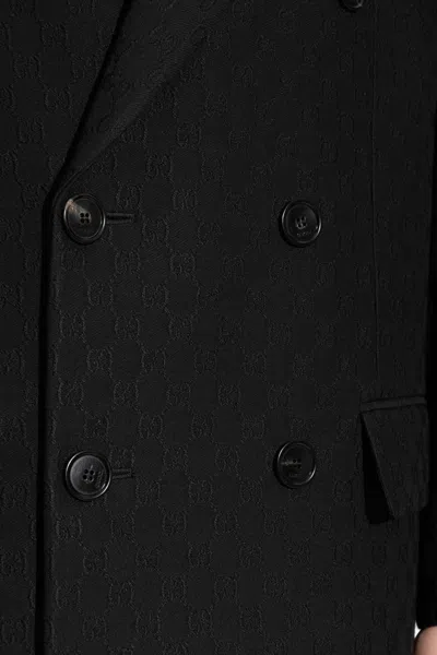 Gucci Double-breasted Coat With Gg Pattern In Black