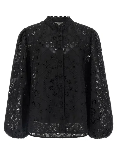 Zimmermann Rhiannon Guipure Lace Trim Cotton Shirt In Black
