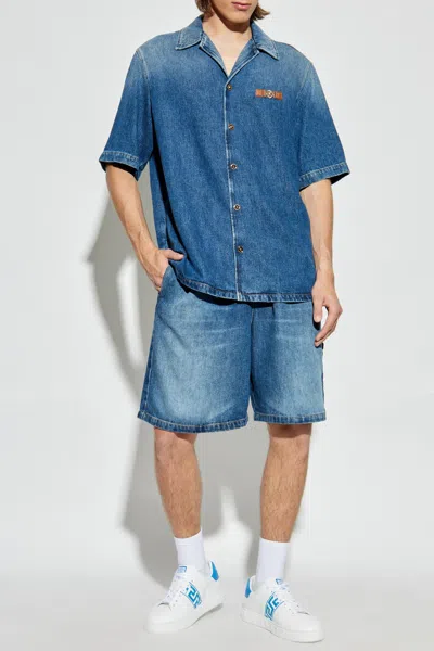 Versace Denim Shirt With Short Sleeves In Blue