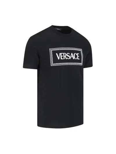 Versace Black Crewneck T-shirt With Contrasting Logo Lettering Print In Cotton
