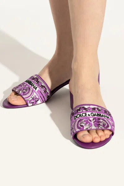 Dolce & Gabbana Embroidered Strap Slide Sandals With Low Block Heel In Purple