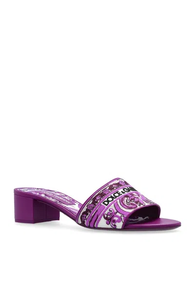 Dolce & Gabbana Embroidered Strap Slide Sandals With Low Block Heel In Purple