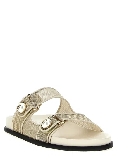 Jimmy Choo Fayence Metallic Pearly-button Slide Sandals In Silver