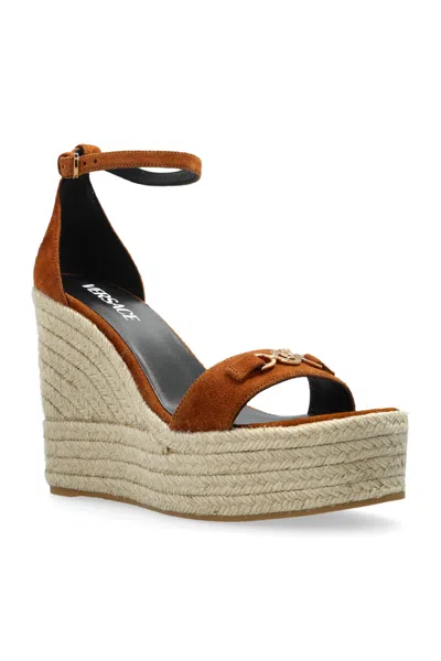 Versace Leather Espadrille Wedges 120 In Brown