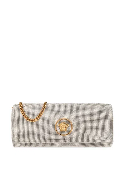 Versace La Medusa Crystal Mesh Clutch Bag In Silver