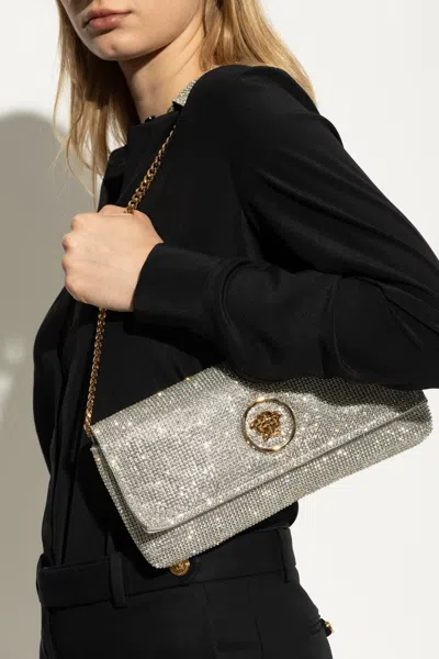 Versace La Medusa Crystal Mesh Clutch Bag In Silver