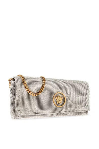 Versace La Medusa Crystal Mesh Clutch Bag In Silver