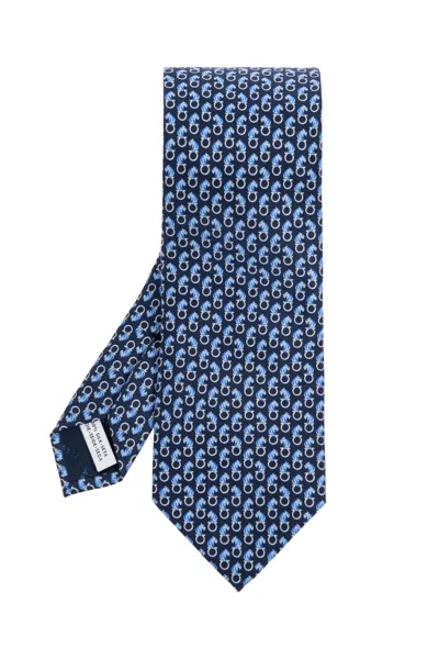 Ferragamo All-over Feline Print Silk Tie In Blue