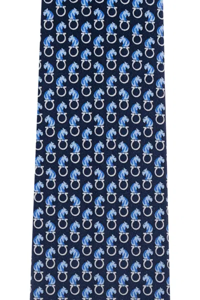 Ferragamo All-over Feline Print Silk Tie In Blue