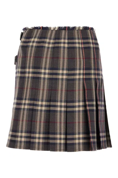 Burberry Leather-trimmed Pleated Checked Wool Mini Skirt In Multi