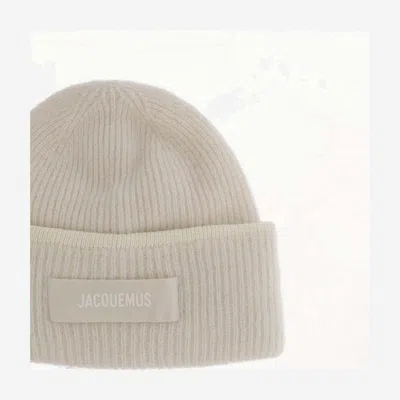 Jacquemus Ribbed Wool Blend Beanie With Logo Patch In Neutral