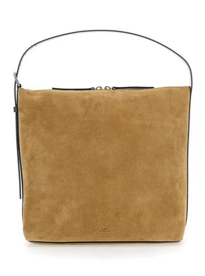 Apc A.p.c. Vera Beige Shoulder Bag With Top Handle And Zip Closure In Suede In Black