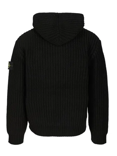 Stone Island Hooded Sweater With Zip In Wool And Cashmere In Black