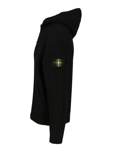 Stone Island Hooded Sweater With Zip In Wool And Cashmere In Black