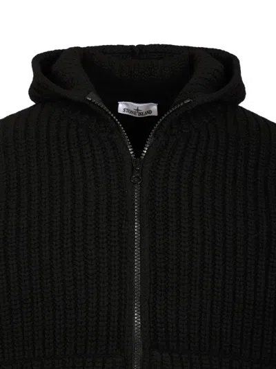 Stone Island Hooded Sweater With Zip In Wool And Cashmere In Black