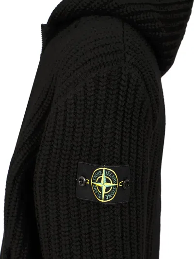 Stone Island Hooded Sweater With Zip In Wool And Cashmere In Black