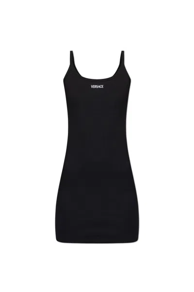 Versace Logo Embroidered Ribbed Mini Dress In Black