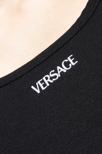 Versace Logo Embroidered Ribbed Mini Dress In Black