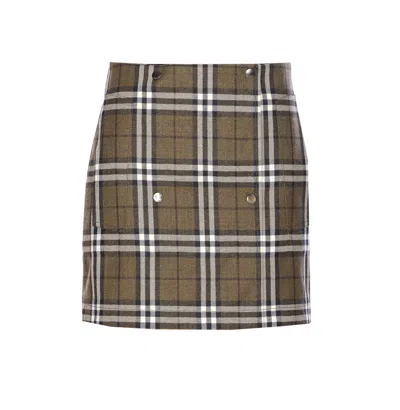 Burberry Button-embellished Checked Wool-twill Mini Skirt In Brown