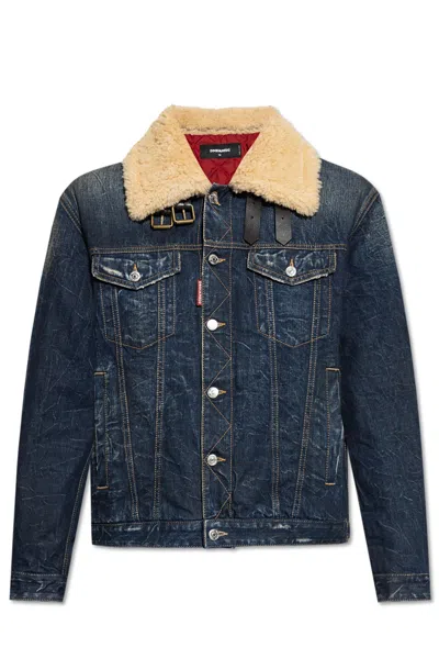 Dsquared2 Denim Aviator Jacket With Shearling Collar And Distressed Finish In Multi